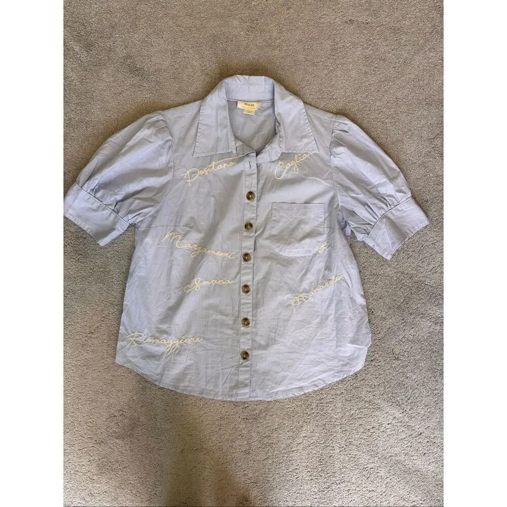 Anthropologie Blue Embroidered European feminine Puff Sleeve Button-Down Blouse,